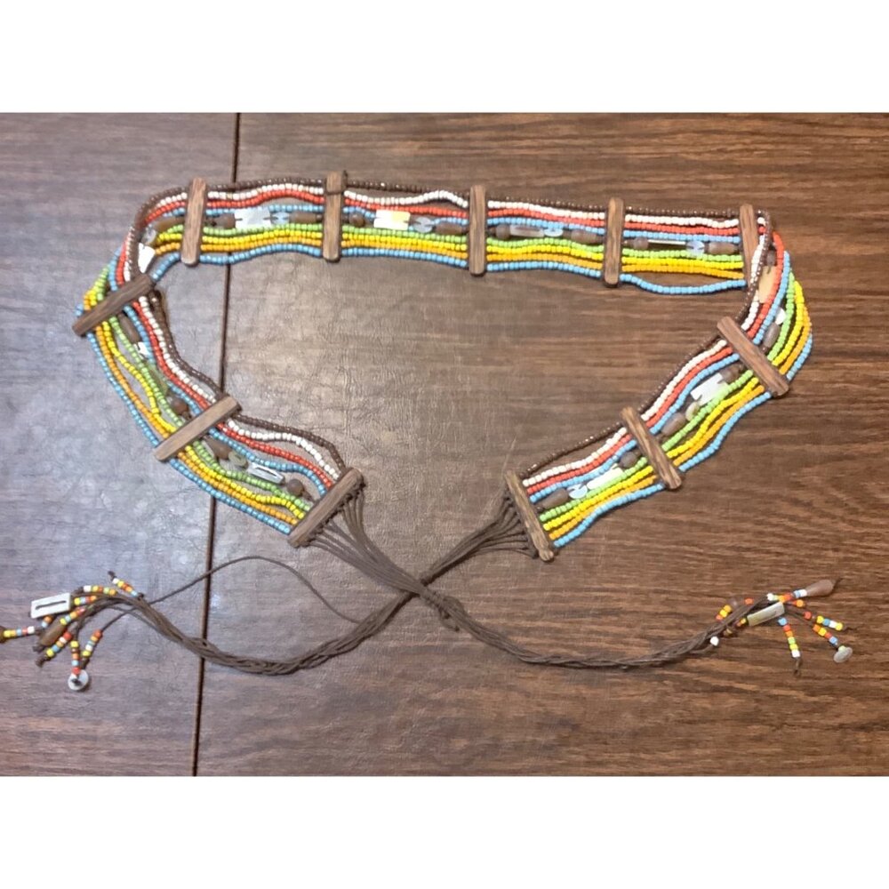 Vtg‎ Boho Retro Tribal Multicolored Seed Beads Belt Woven Cord 60" Length